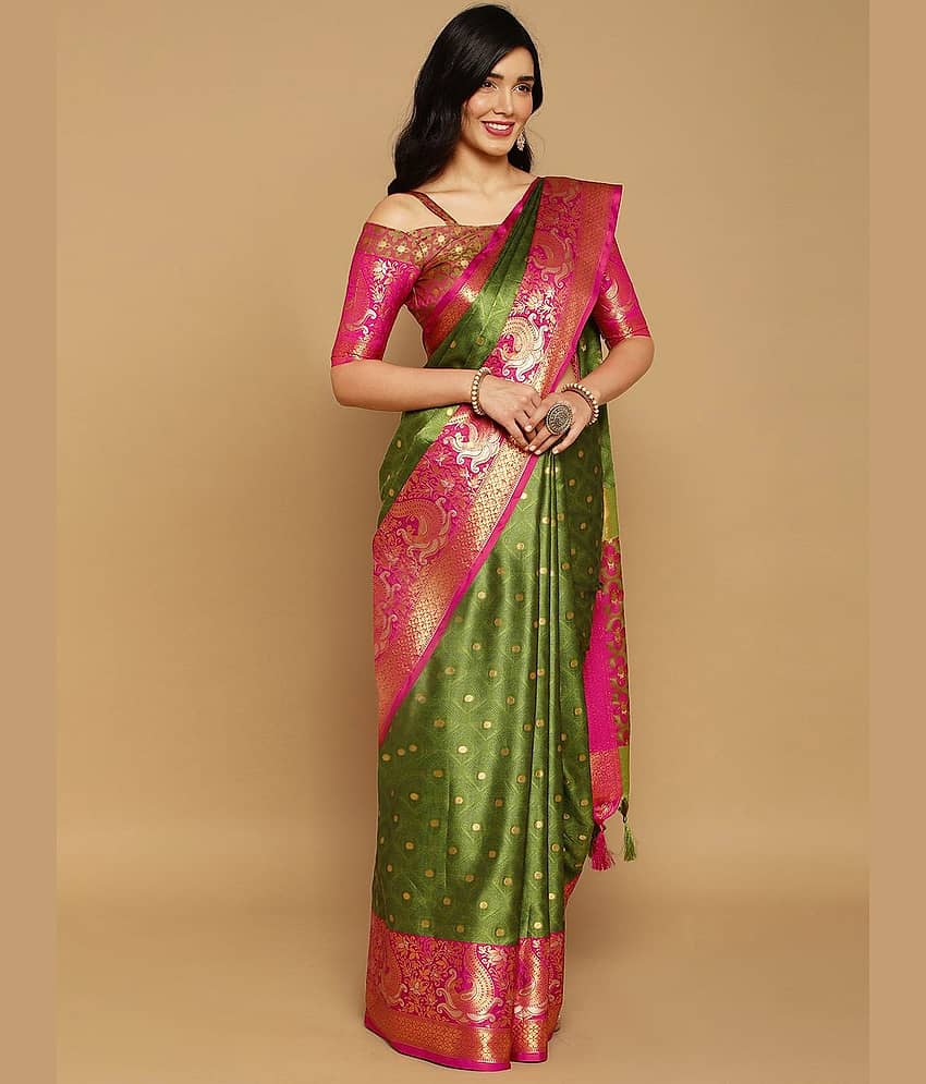 Villagius Cotton Silk Woven Banarasi saree With Unstitched Blouse Piece ( Light Green ) view 2