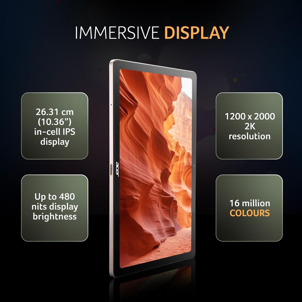 Acer Iconia Tab iM10-22 | 10.36" 2K IPS Display, Quad Speakers, Helio G99, 6GB + 128GB, 16MP Rear + 8MP Front Camera, Fingerprint Reader, Wi-Fi + 4G LTE(Calling), Android 14, Slim Metal Body, Gold view 2