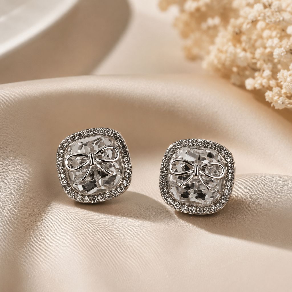 Elegantra American Diamond Stud Earrings | American Diamond Square Cut Stud Earrings With Elegant Bow Design | Stunner Studs For Anniversary Gift Mothers Day Gift Birthday Gift | Premium Collection view 2