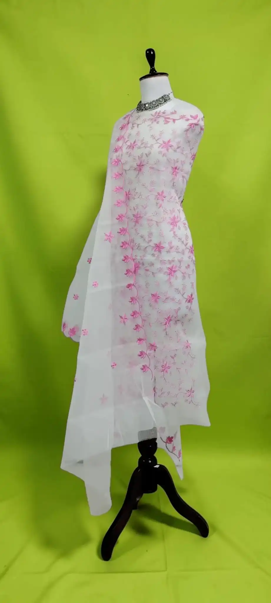Handwoven Kota Doria Dress Material with Pink Floral Jal and Gota Patti view 2
