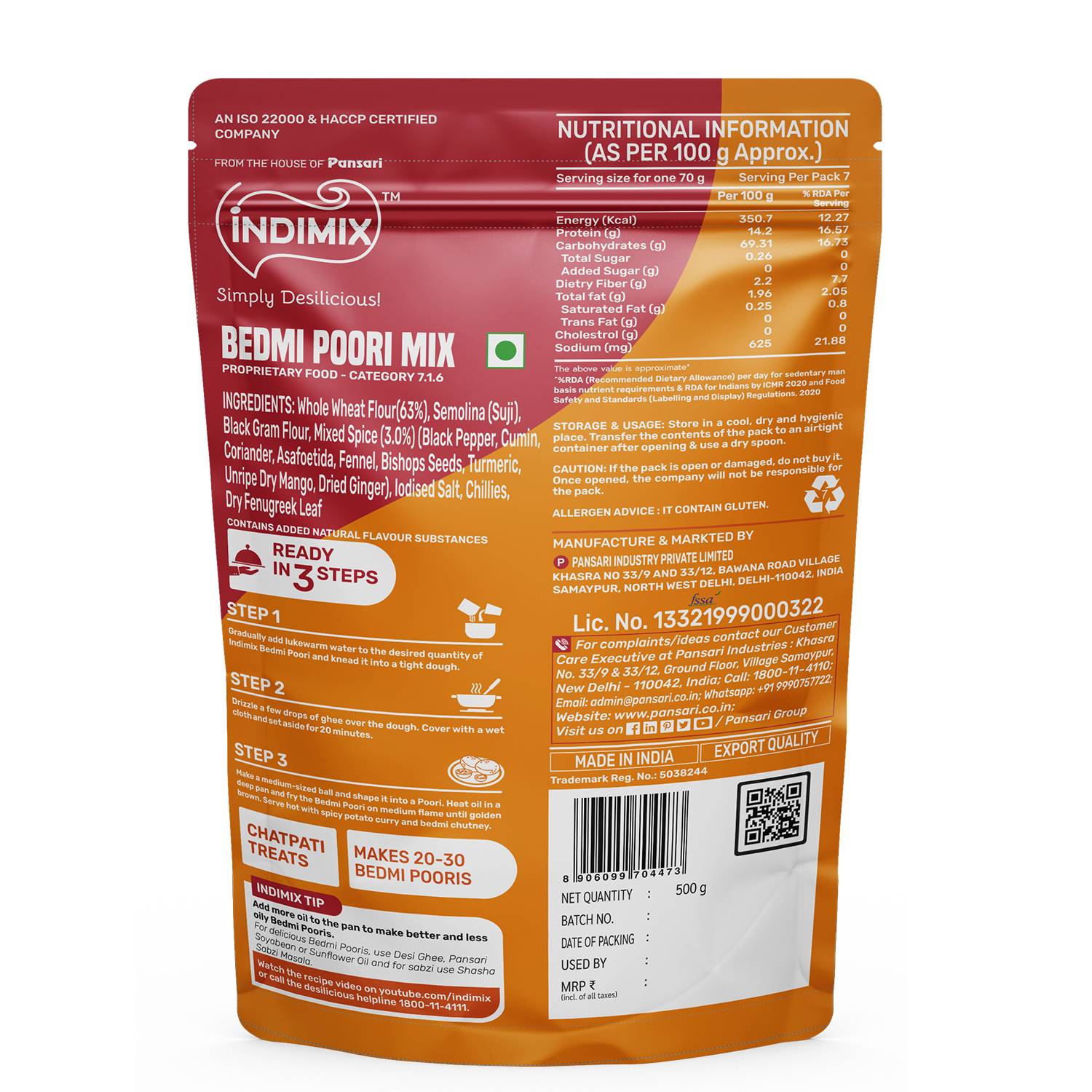 Indimix Ready to Cook Bedmi Poori Mix - 500gm view 2