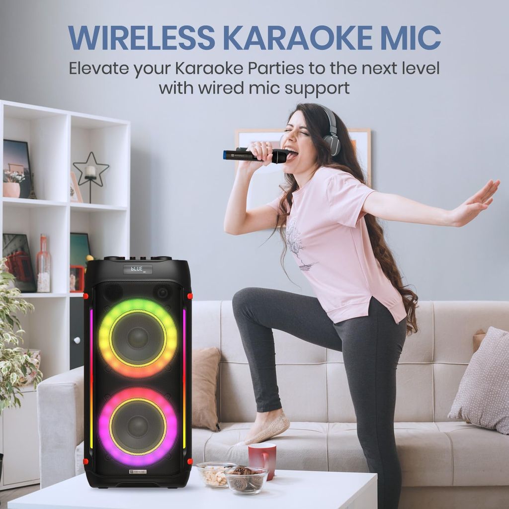 Portronics Iron Beats IV 250W Party Speaker with Dual 6" Subwoofer, Upto 4 Hours Playtime, RGB LED Lights, Wireless Karaoke Mic, Treble/Bass Adjustment, Echo Control, Remote Control(Black) view 2