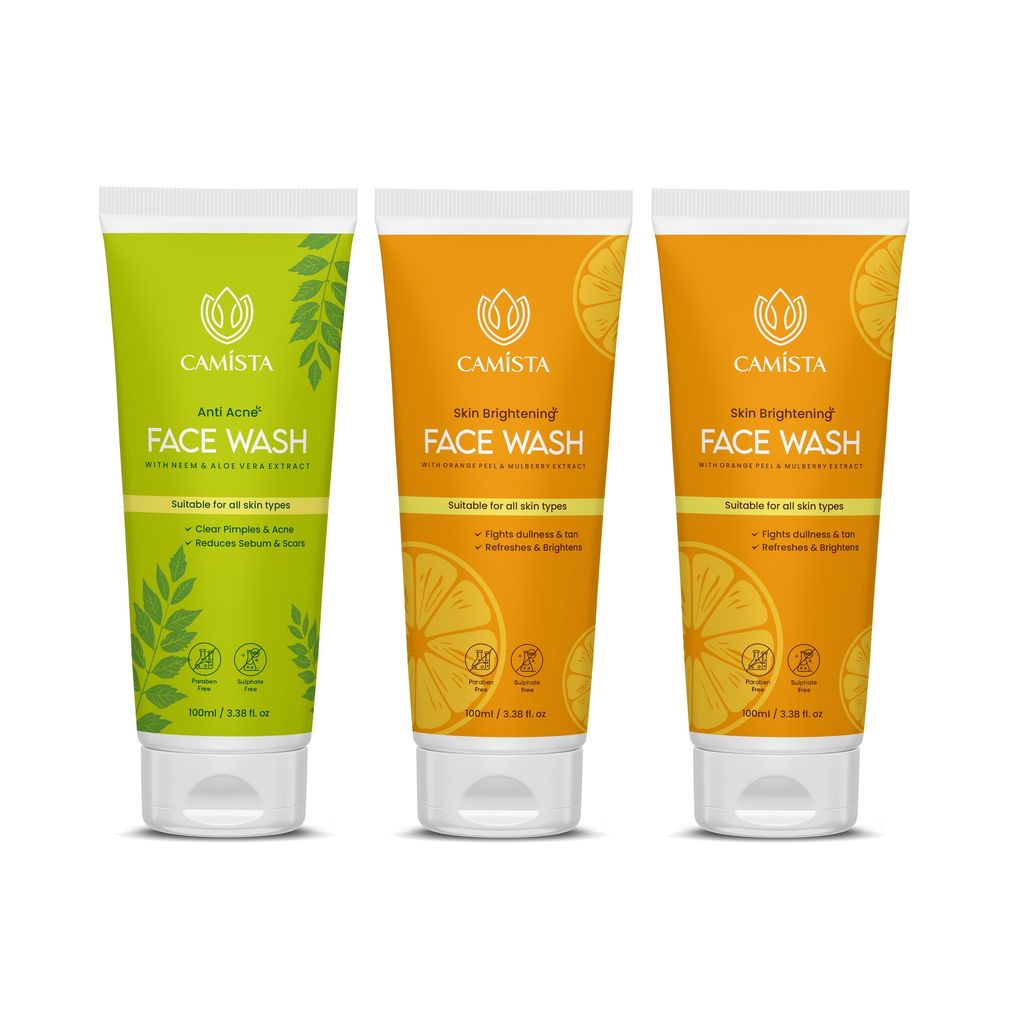 CAMISTA Anti Acne Face Wash with Neem & Aloe Vera Extract & Skin Brightening Face Wash with Orange Peel & Mulberry Extract (Combo)