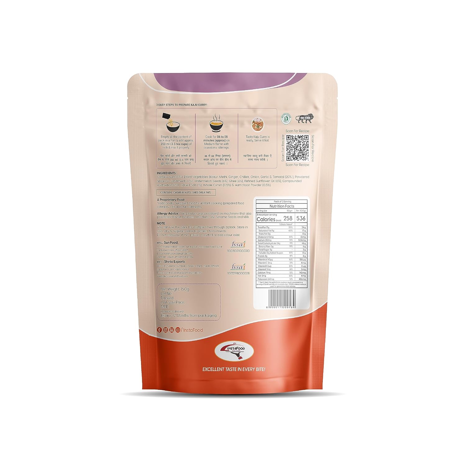 INSTAFOOD Kaju Curry | Ready to Eat & Cook Meal | 3-4 Servings | After Cooking Gets 450 gm to Serve | Zip Lock Packaging | Vegetarian Meal | Easy to Make Food|Just Add Milk and Cook, 150 gm view 2