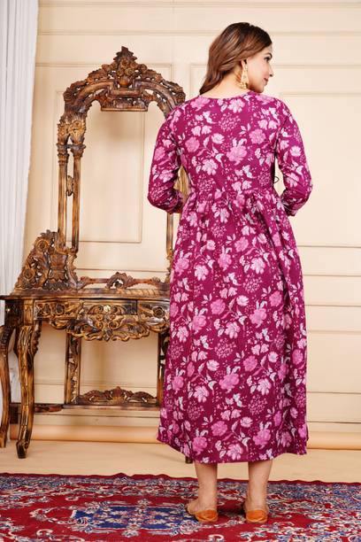 Women Printed Cotton Blend Anarkali Kurta (Lavender) view 2