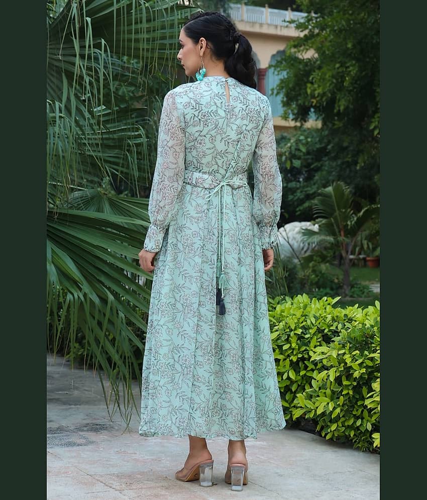 Juniper Women Chiffon Printed Fit & Flare Dress ( Green ) view 2