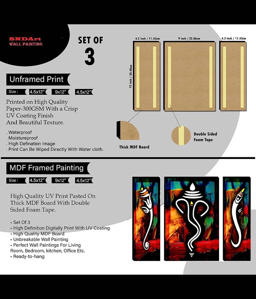 SNDArt Set Of 3 Lord Ganesha Wall Paintings For Living Room 12 x 18 inch view 2