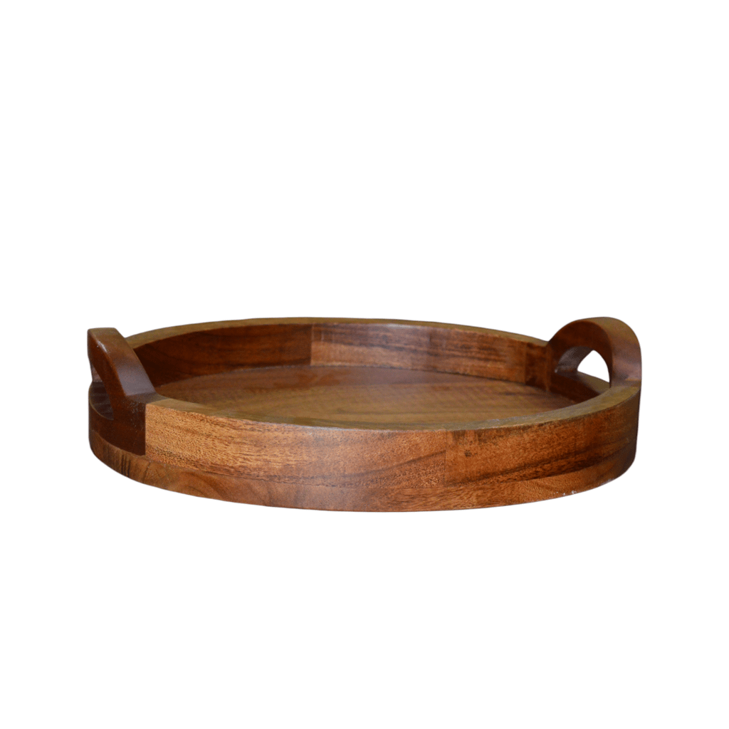Nikhil Art Round Serving Tray, Wood Tray with Handles, Natural Wooden Tray/ Kitchen/Coffee Table view 2