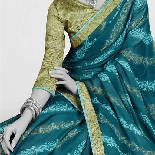 Digital Printed Georgette Saree in Teal Blue view 2