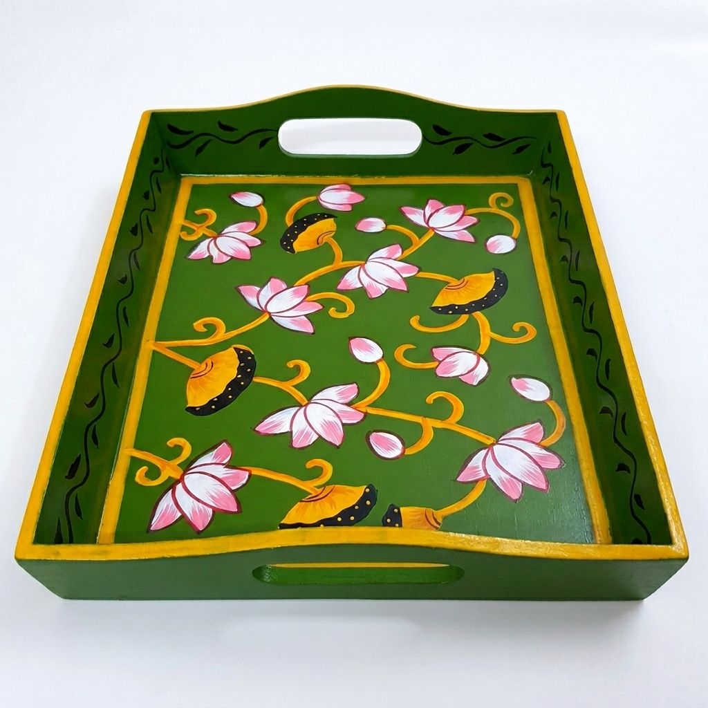 Hand painted pichwai art wooden green color tray view 2