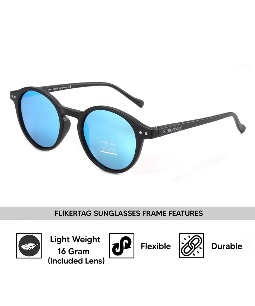 Flikertag Polarized Sunglasses With UV Protection For Men & Women | HD vision with Blue Lens [FTS 565 F2 Round Matte Black Frame with Mirrored Blue lens, 50mm] view 2