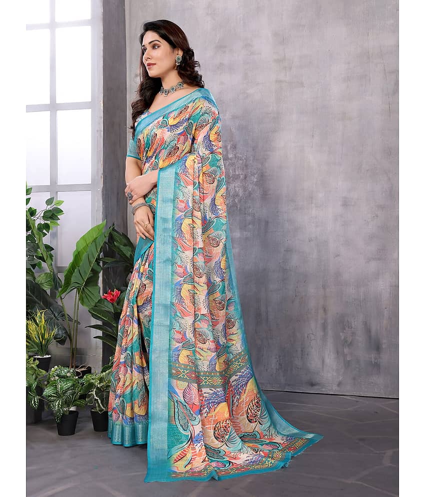 NightBlue Linen Printed Saree With Unstitched Blouse Piece ( Blue ) view 2