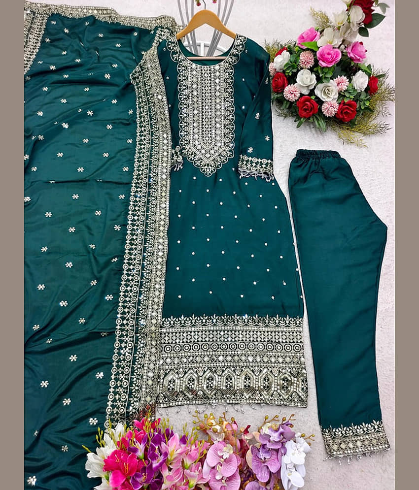 BHAGYASHRAY Women Silk Embroidered Straight Kurti With Pants ( Blue ) view 2