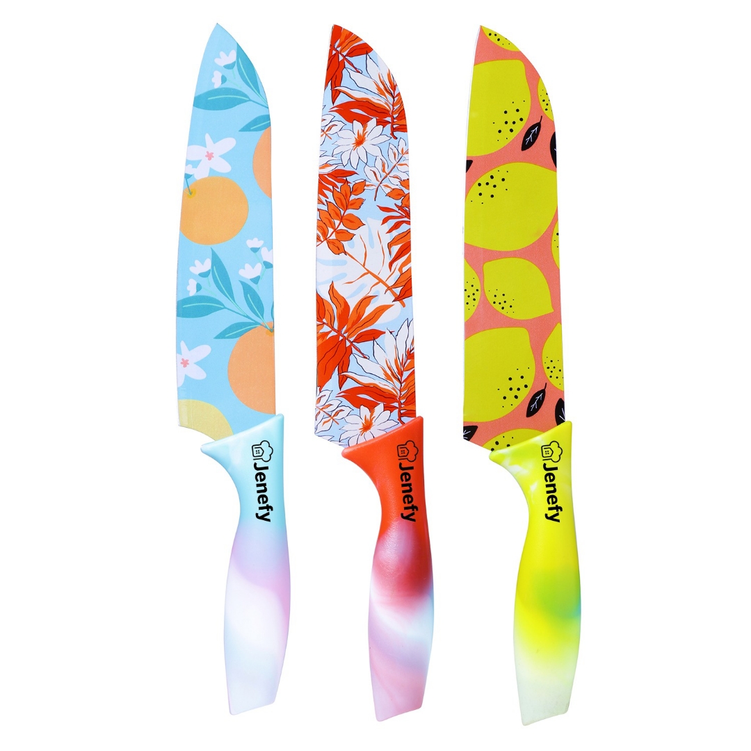 Jenefy Ultra Sharp Knife with prints of protective sheath Chef Knife Japanese Santoku Knife with Non stick coating NonSlip Ergonomic Handle & Blade Cover High Stainless Steel Blue Yellow & Red Combo