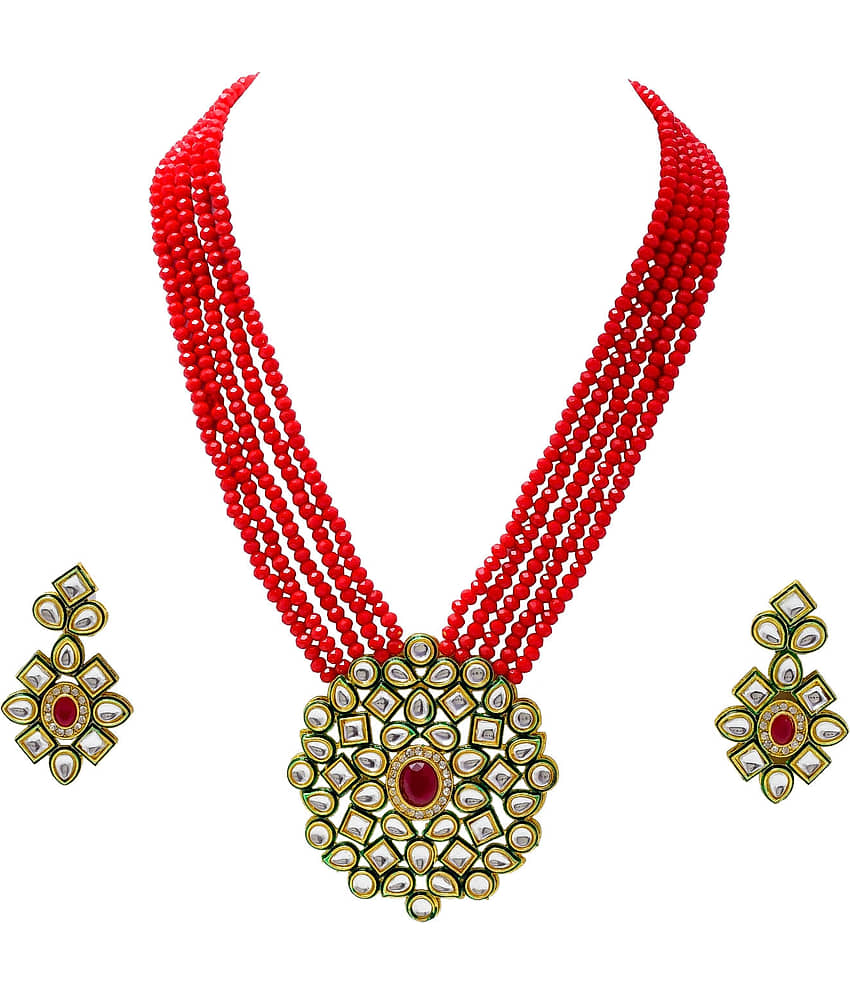 Jewar Mandi - Green Brass Necklace Set ( Pack of 1 ) view 2