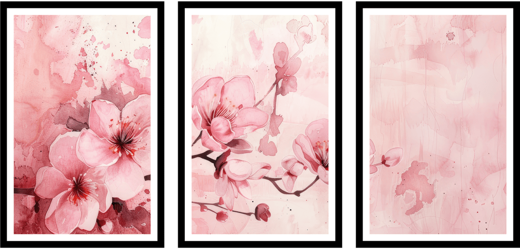 PINK DELICANT 3 PIECE PAINTING OF FLOWER 48in X 24in WITH BLACK FRAME view 2
