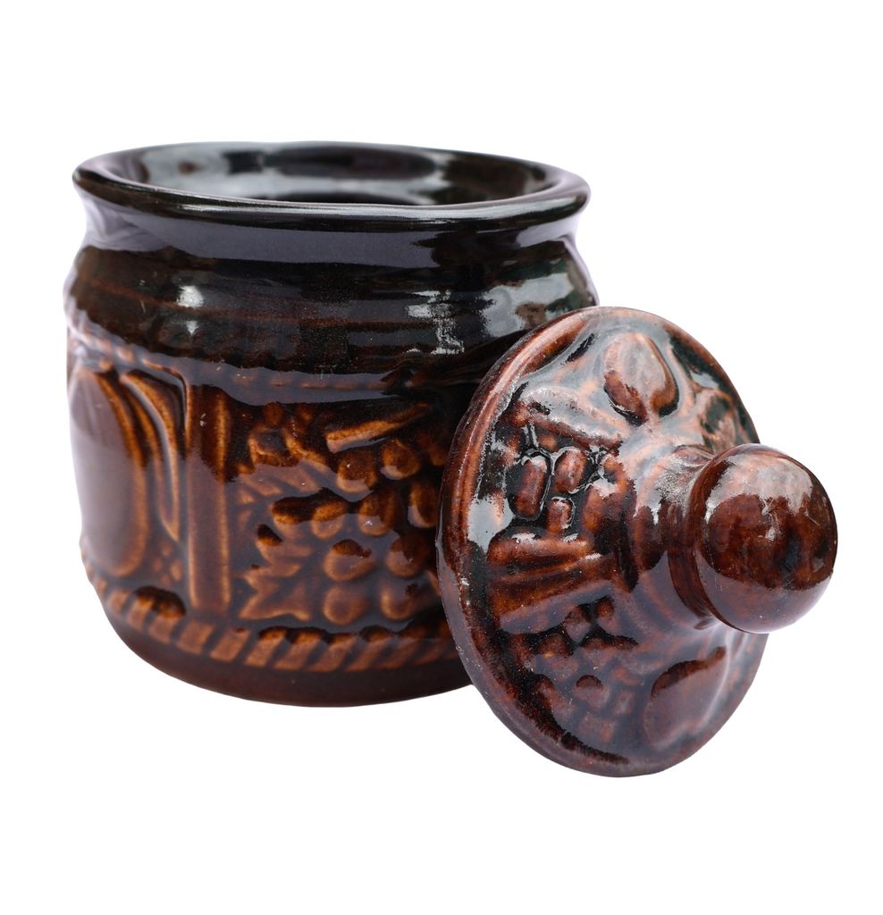 Handcrafted Ceramic Storage Jar with Lid - Rustic Brown Embossed Design view 2