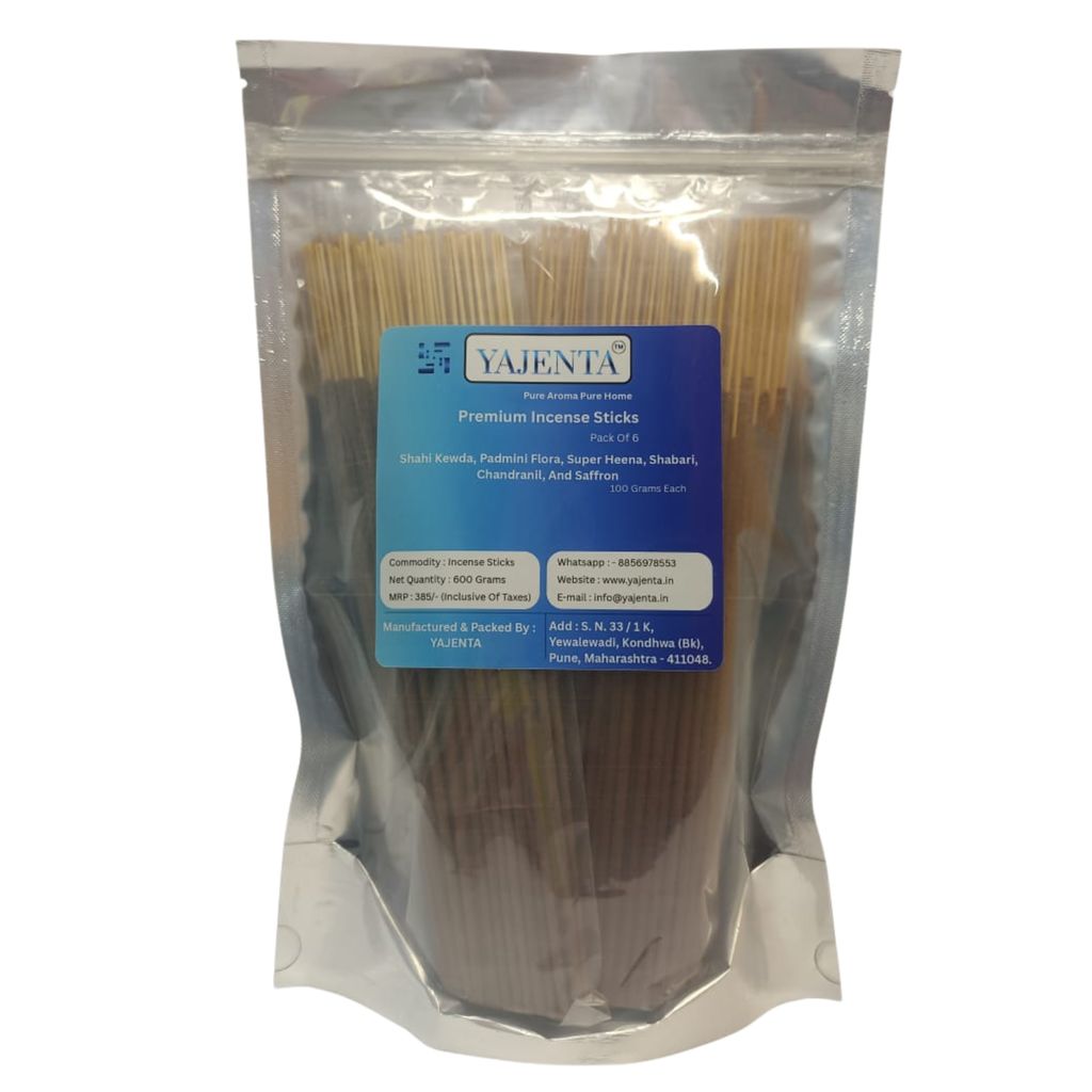 Yajenta Agarbatti Pack Of 6 | Shahi Kewada, Padmini Flora, Super Heena, Shabari, Chandranil and Saffron (Each 100 Grams)