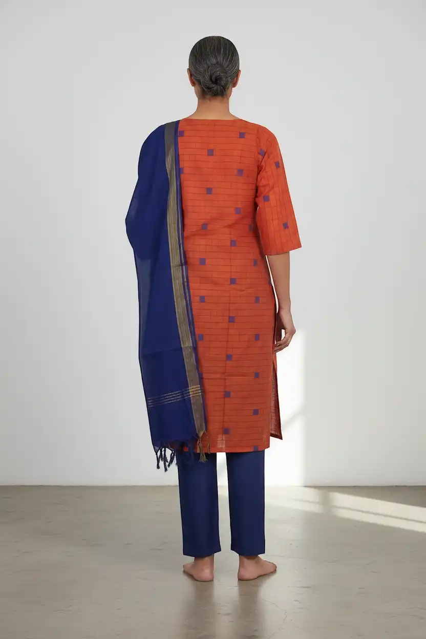 Mangalagiri Cotton 3-Piece Kurta Set in Terracotta with Navy Dupatta view 2