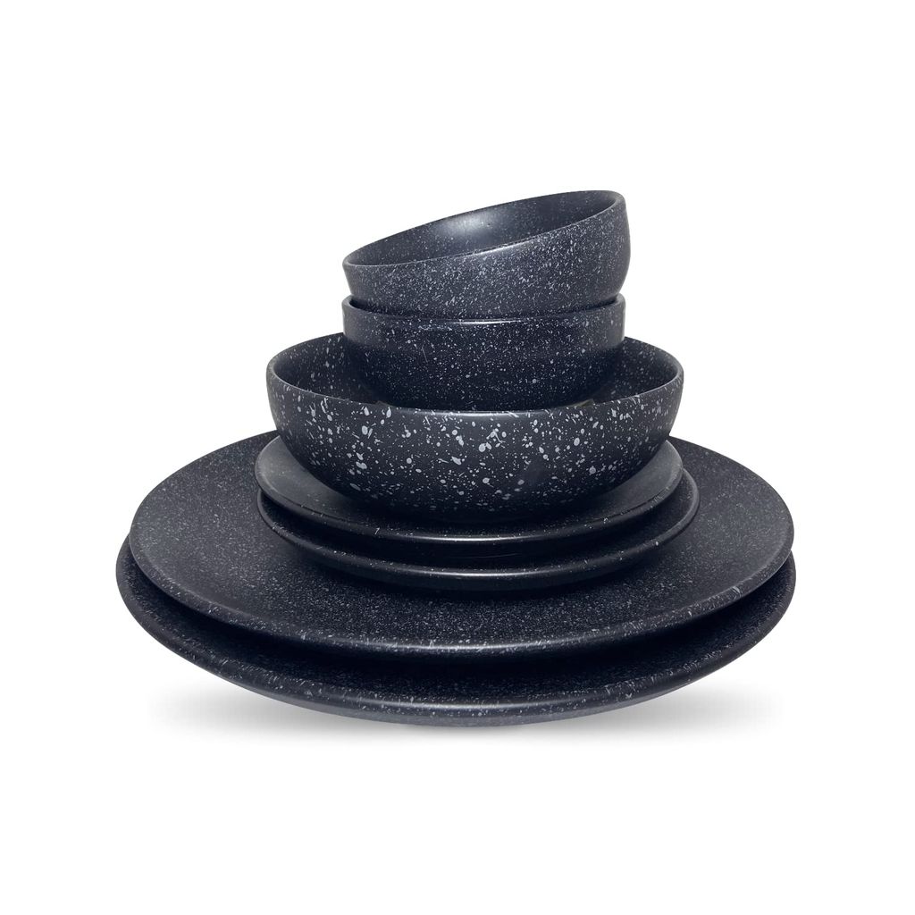 Ceramic Dining Studio Collection- Matte Black with Droplets Ceramic Dinner Plates Quarter Plates Serving Bowl and Dinner Bowls- Set of 7 view 2