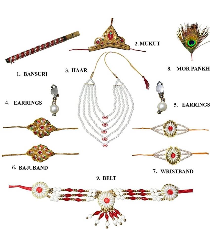 Kaku Fancy Dresses Krishna Costume for Kids Infant Baby Krishna Dress for Boys (Set of 11 - Magenta Dhoti, Patka(Stole), Belt, Mukut, 5 Layer Pearl Mala, Bajuband, Earrings, Bansuri & Morpankh) view 2