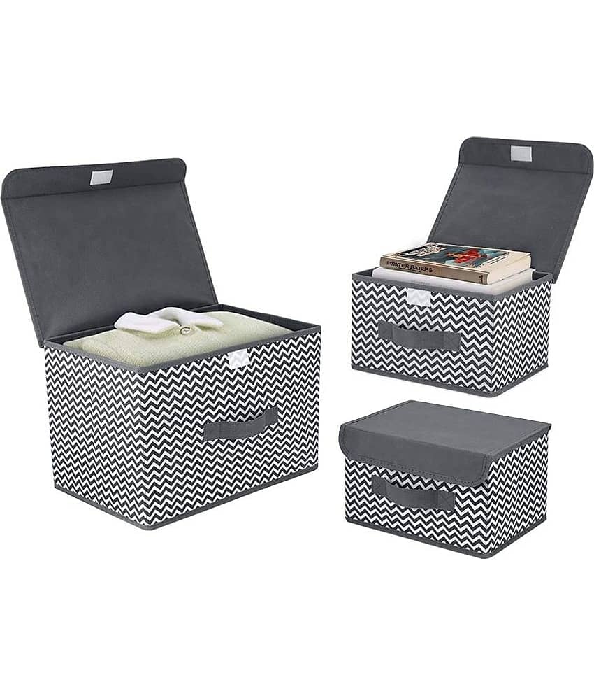 House of Quirk 3 Pack Foldable Storage Bin with Lid and Handle, Versatile Storage Baskets Boxes for Toys, Clothes, Papers, Books, Makeups - Grey Wave view 2