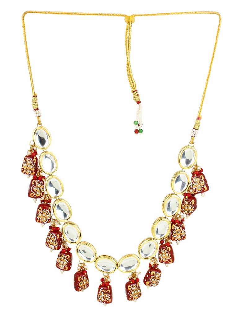 Cardinal Gold Plated Brass Maroon color Stone Party Wear Kundan Necklace Set view 2