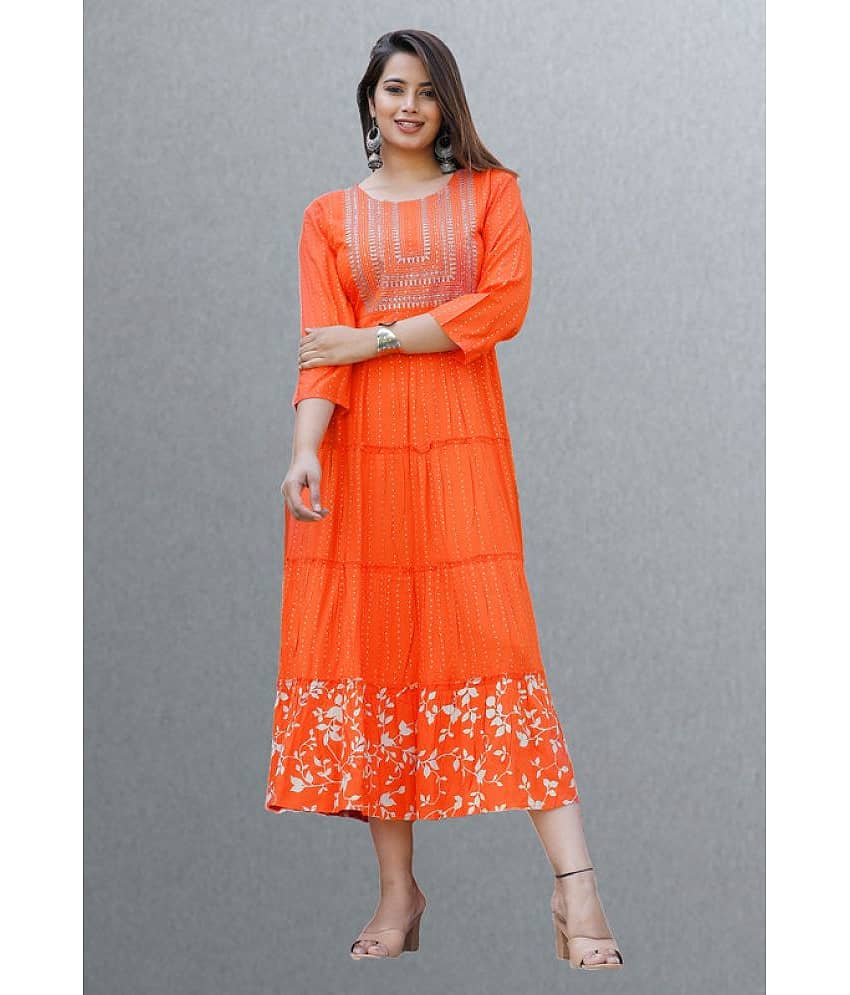 CTMTEX Rayon Printed Flared Women's Kurti - Orange ( Pack of 1 ) view 2
