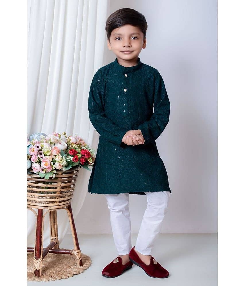New Collection Boys Cotton Blend Sequined - Pattern Kurta Pant Set ( Dark Blue , Pack of 1 )
