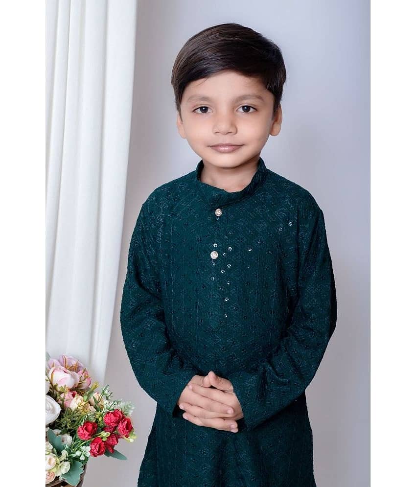 New Collection Boys Cotton Blend Sequined - Pattern Kurta Pant Set ( Dark Blue , Pack of 1 ) view 2