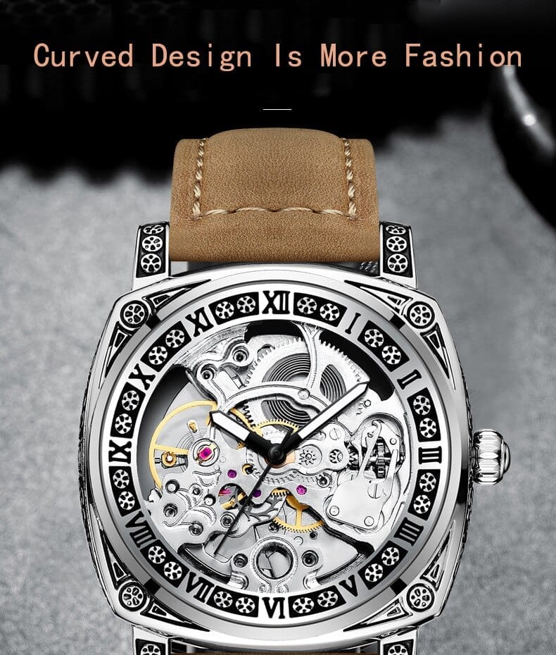 Forsining Genuine Leather Série Mystère d'Art Vintage Engraved Rotatable Bezeled Self Winding Automatic Tourbillon Blue Moon Mechanical Analog Watch - For Men view 2