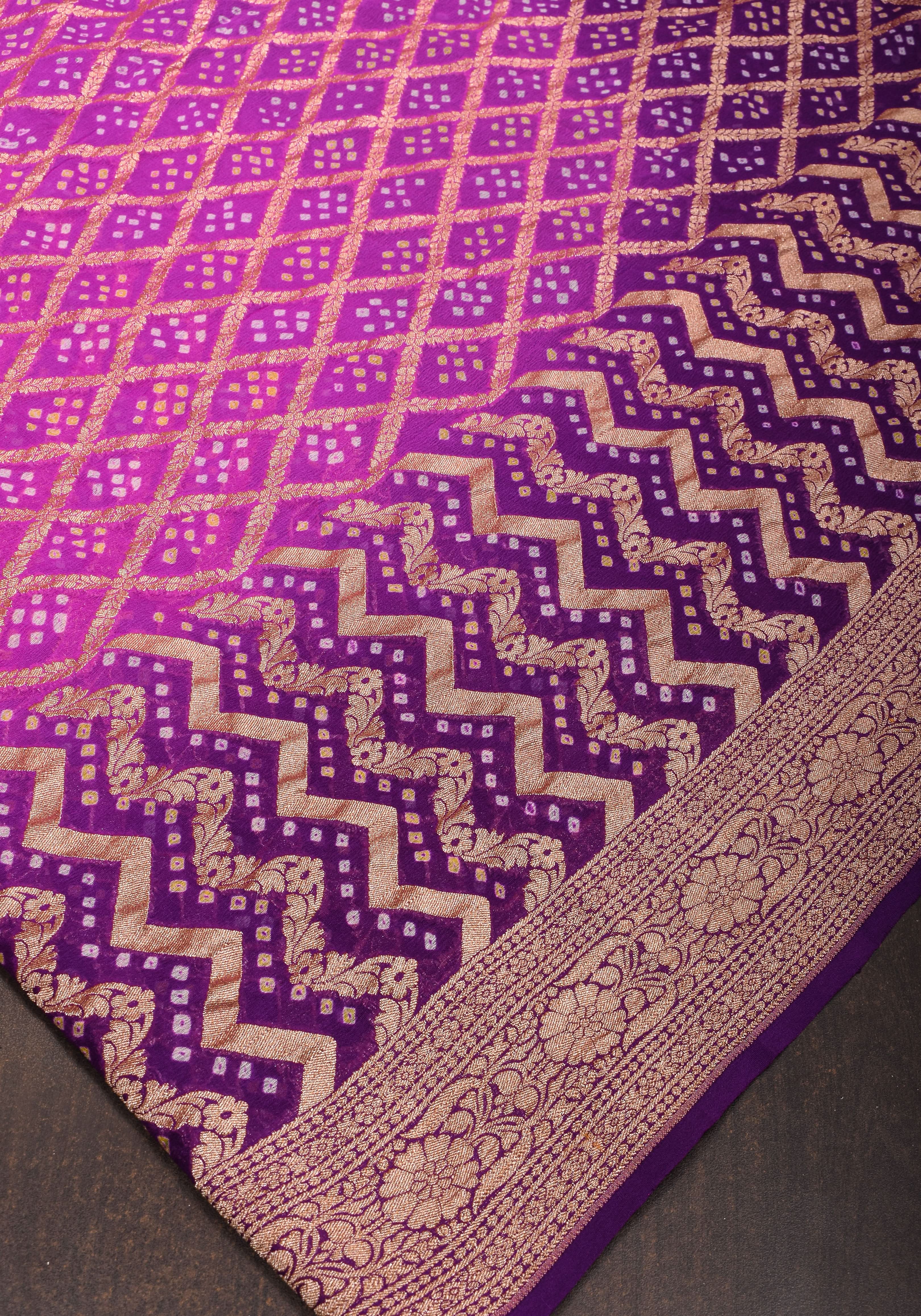 Purple Gelato Ombre Authentic Hand Bandhej Banarasi Silk Georgette Saree in zari jaal pattern| SILK MARKED CERTIFIED view 2