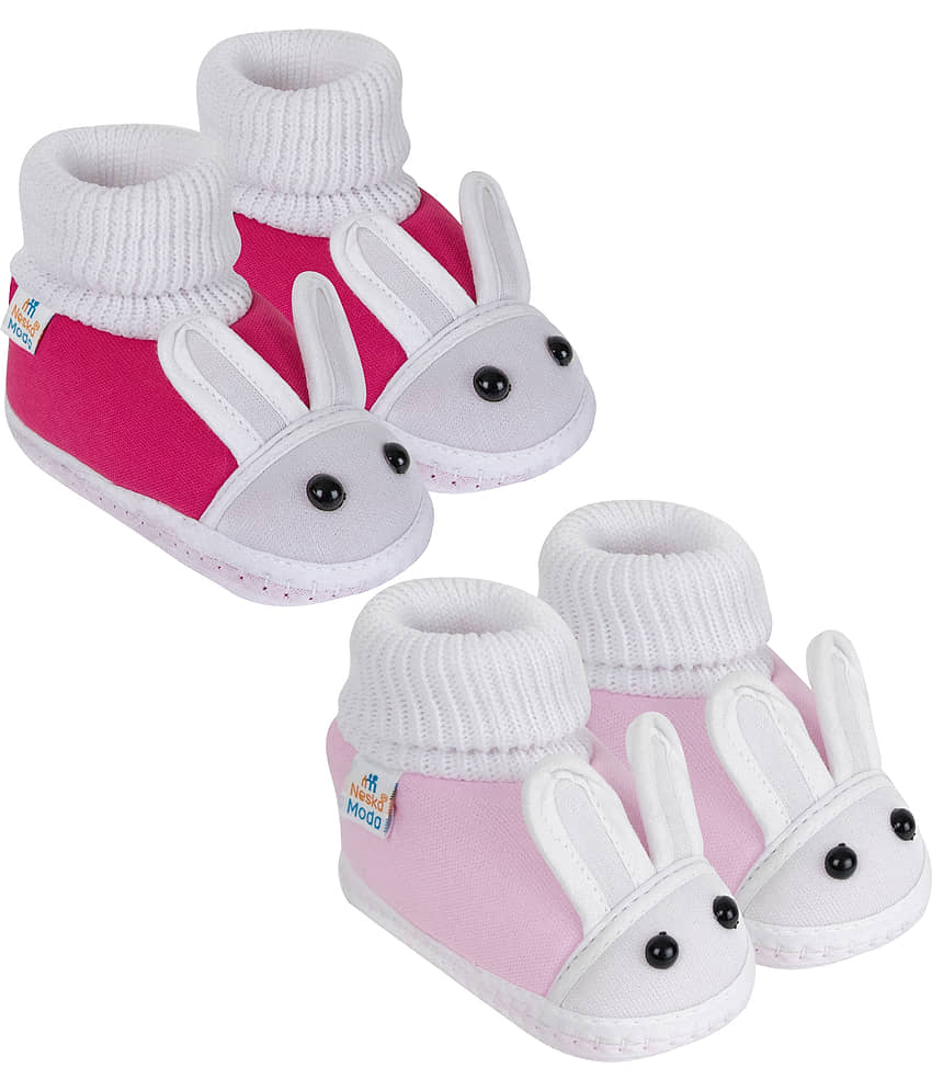 Neska Moda Set of 2 Pair Baby Girls Rabbit Face Cotton Booties For 12 to 24 Months (Pink)
