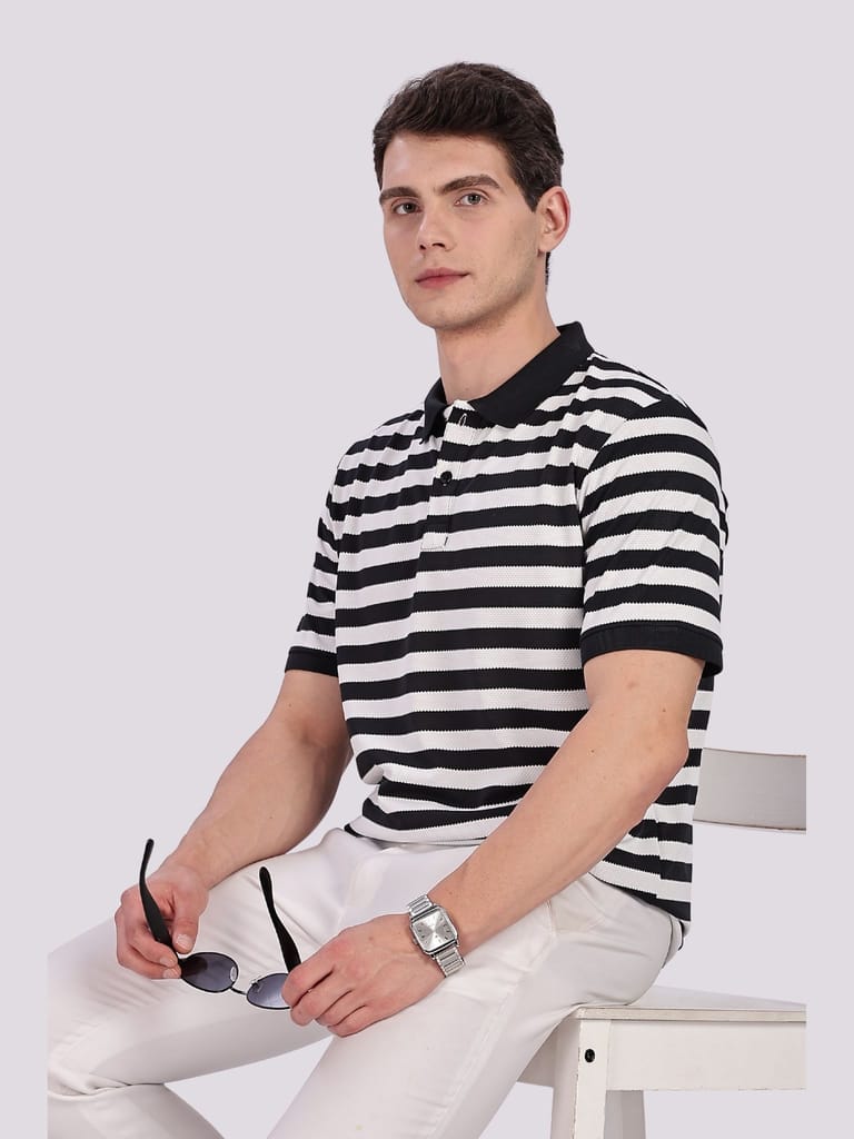 Puff Cotton Black & White Striped Polo view 2
