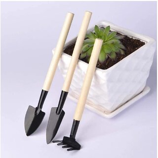 Mini Gardening Tools Kit Set of 3 Pcs - (Shovel, Spade Rake) with Wooden Handle for Home kitchen garden
