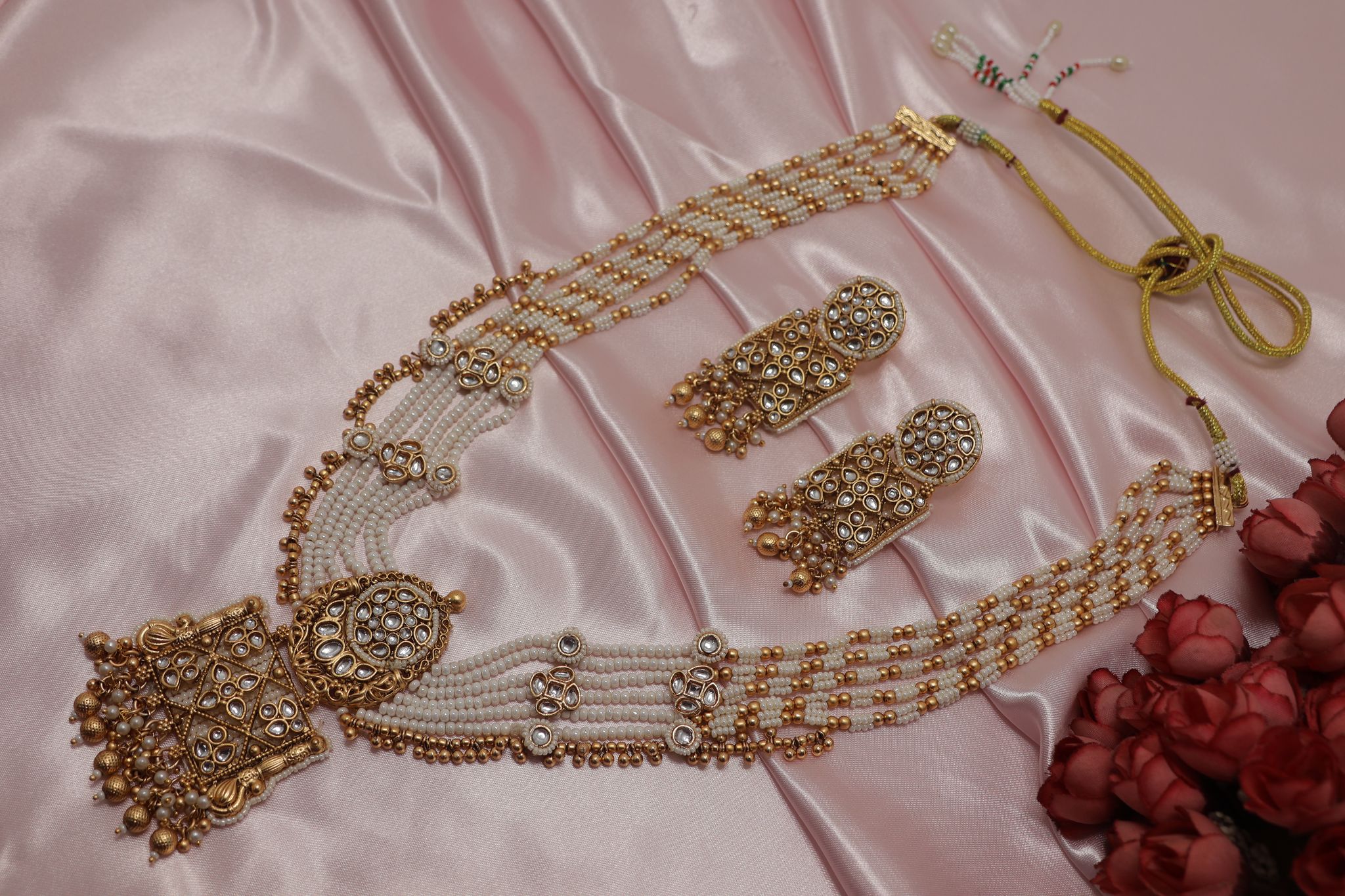 Traditional Gold Plated Kundan Pearl Multilayered Necklace Set with Earrings view 2