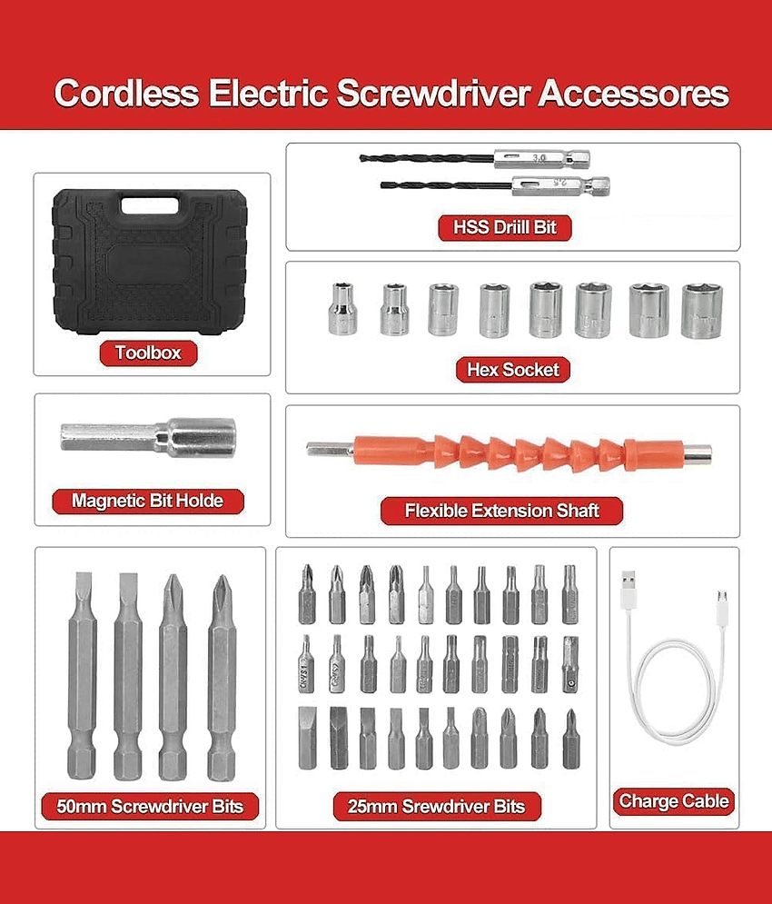 Cordless Electric Screwdriver Drill with Built-in LED Rechargeable Wireless Drill Machine Kit Power Drill Screw Tool, Accessories (47 IN 1 Cordless Electric Screwdriver set) view 2