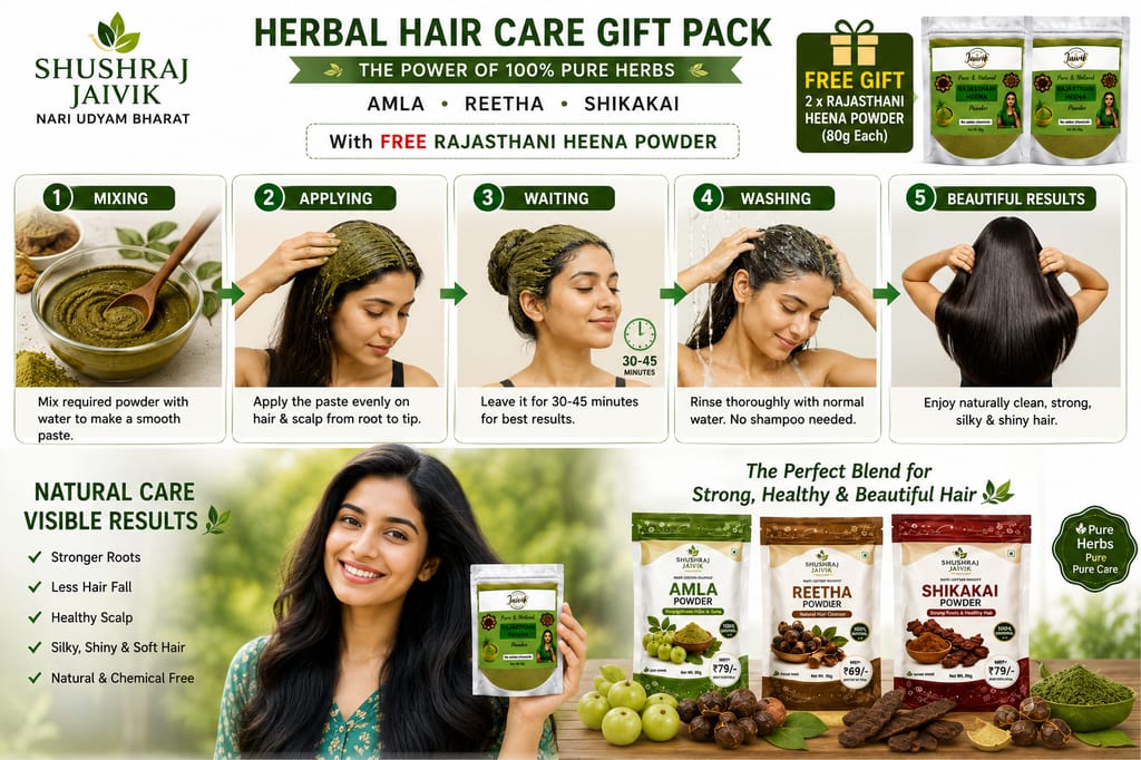 Shushraj Jaivik Hair Care Gift Pack with FREE Rajasthani Heena Powder | Amla Reetha Shikakai Combo | 640g view 2