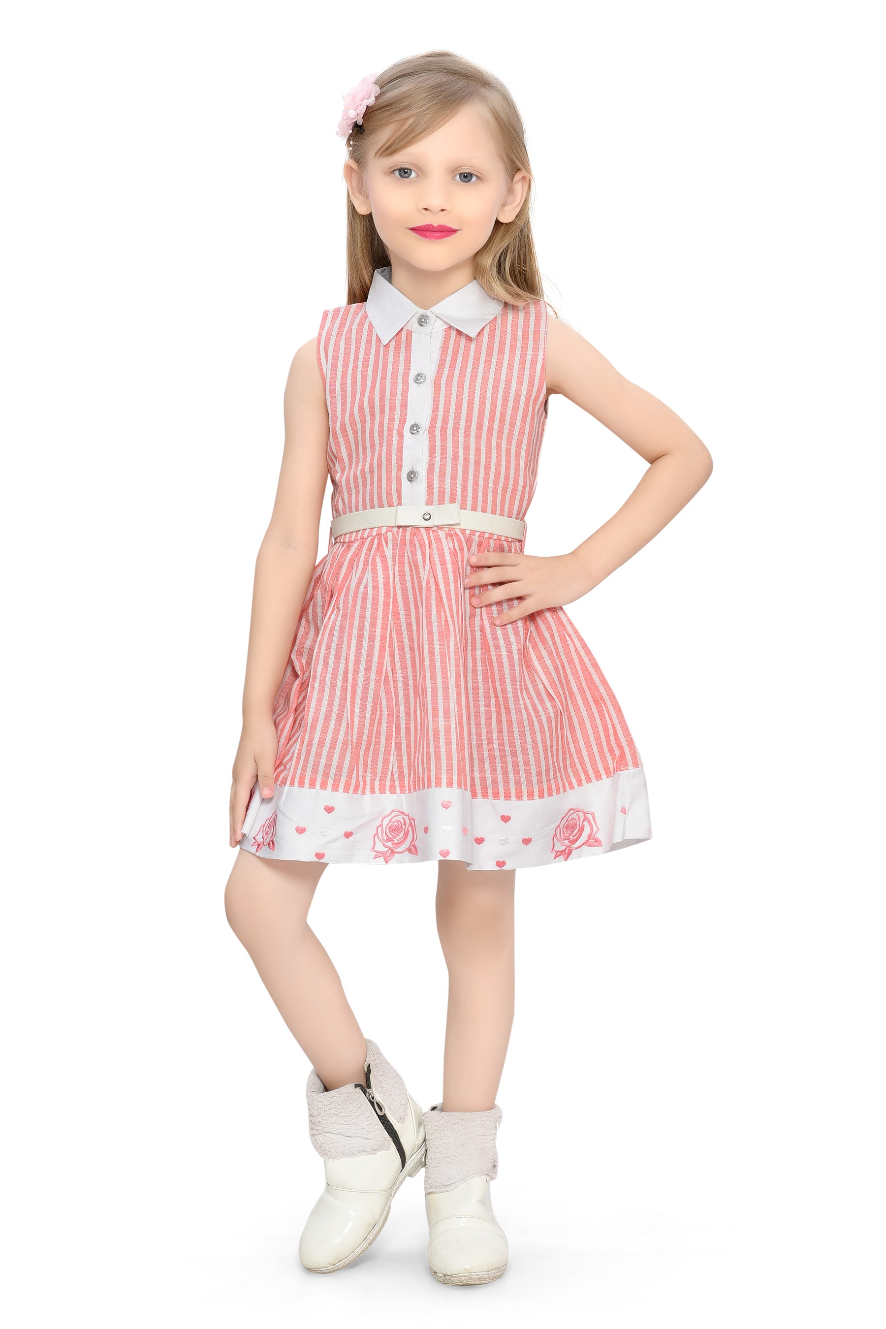 Be:Kids Pink Sweet Summer Stripes and Roses Cotton Dress with Peter Pan Collar view 2
