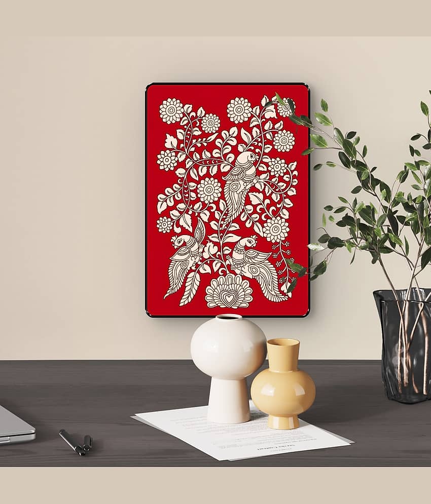 Indian Folk Bird Wall Art | Red Floral Vine UV Print view 2