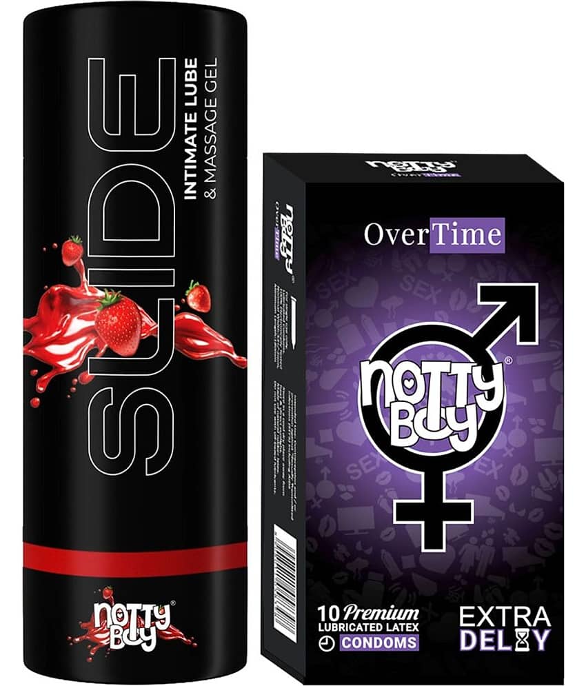 NottyBoy Slide Strawberry Flavoured Lubricant 100ML and Extra Delay Condoms - Pack of 2