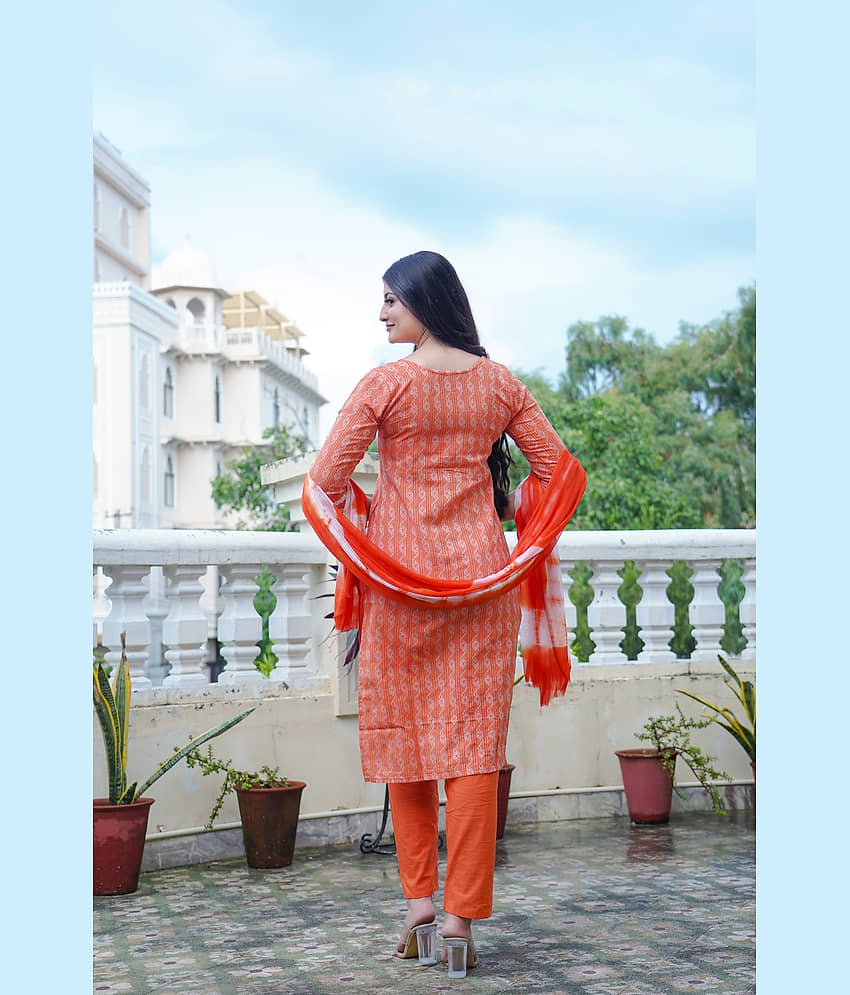 anushansa Cotton Blend Embroidered Kurti With Pants Women's Stitched Salwar Suit - Gold ( Pack of 1 ) view 2