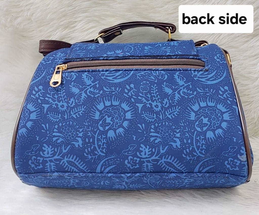 Blue and Brown Sling bag with Tassel and Floral Pattern view 2