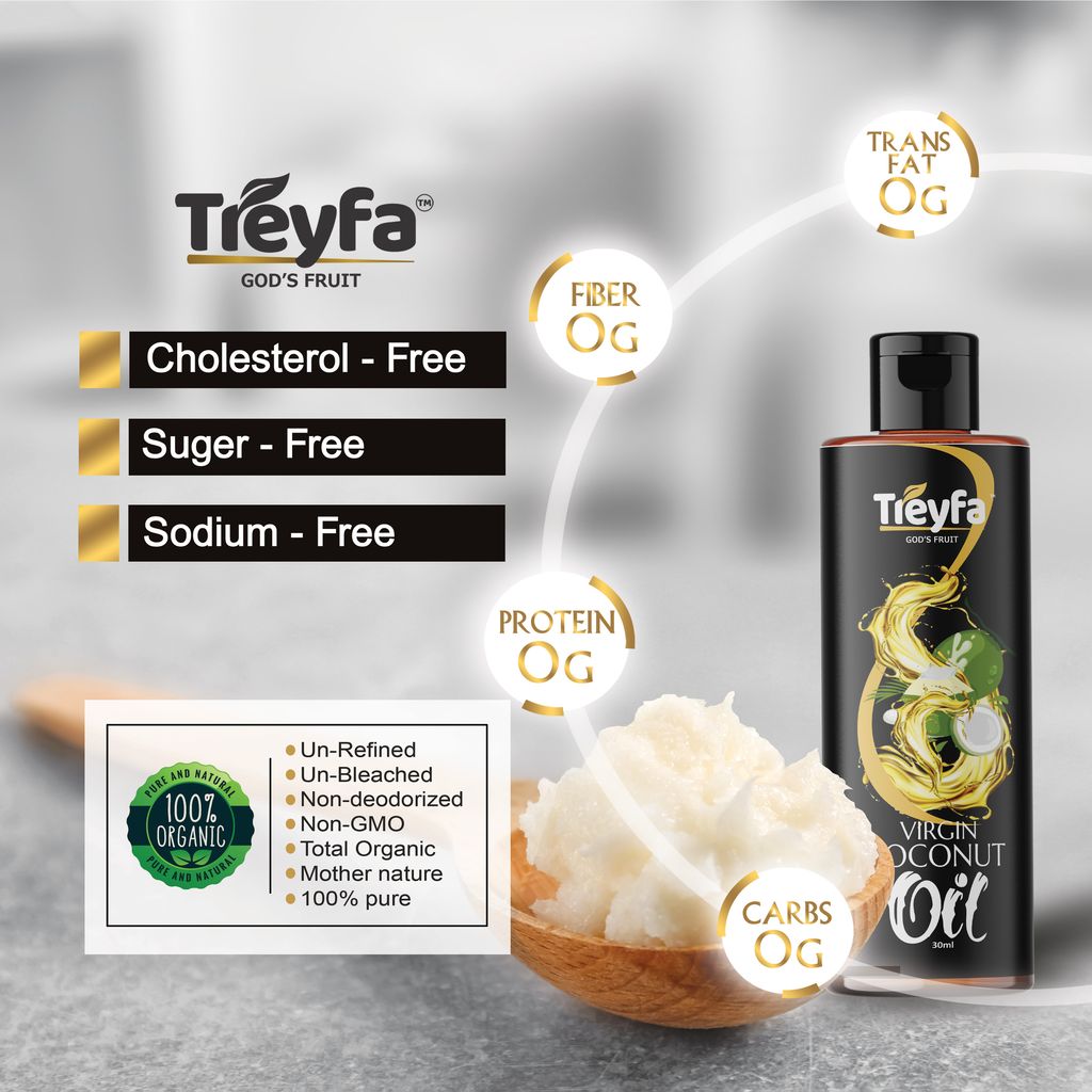 Treyfa Virgin coconut oil for hair, skin & cooking | Natural Raw Pure Organic Coconut Oil, Non-GMO, Unrefined & Cold Pressed oil for menं & womenं(30ml) view 2