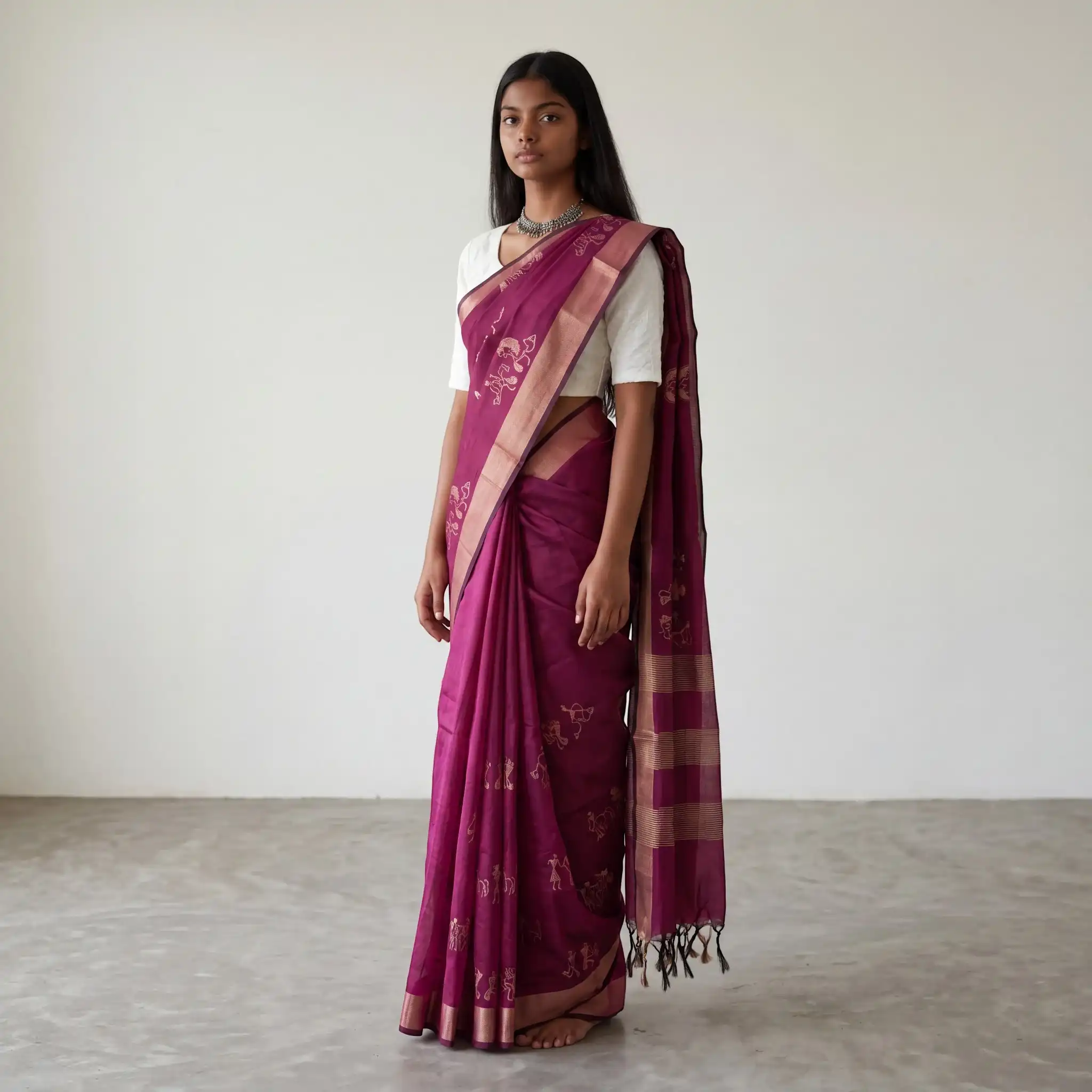 Saura Art Cotton Saree Wine Burgundy Tribal Figure Buti view 2