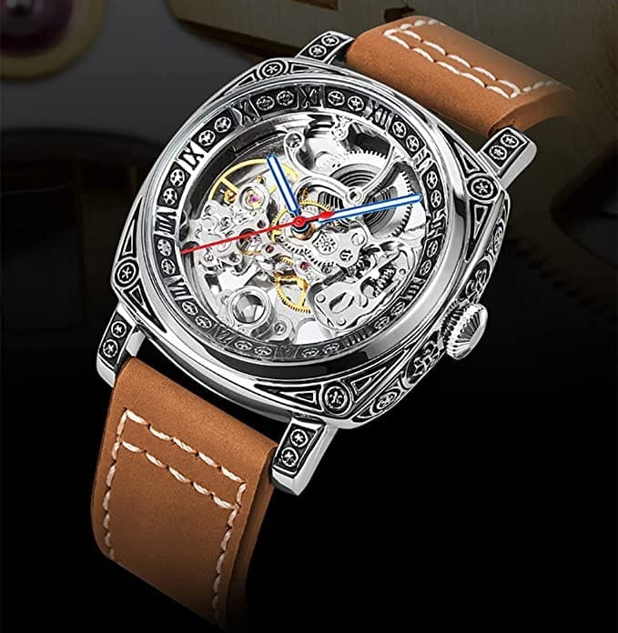 Forsining Genuine Leather Série Mystère d'Art Vintage Engraved Rotatable Bezeled Self Winding Automatic Tourbillon Blue Moon Mechanical Analog Watch - For Men