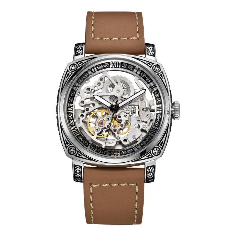 Forsining Genuine Leather Série Mystère d'Art Vintage Engraved Rotatable Bezeled Self Winding Automatic Tourbillon Blue Moon Mechanical Analog Watch - For Men view 2