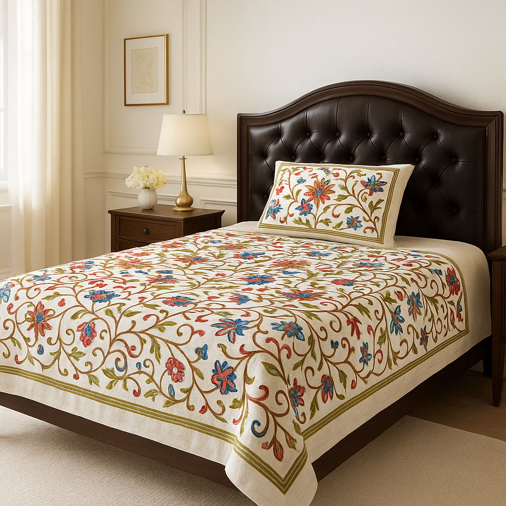 Beige Floral Embroidered Bedspread Set