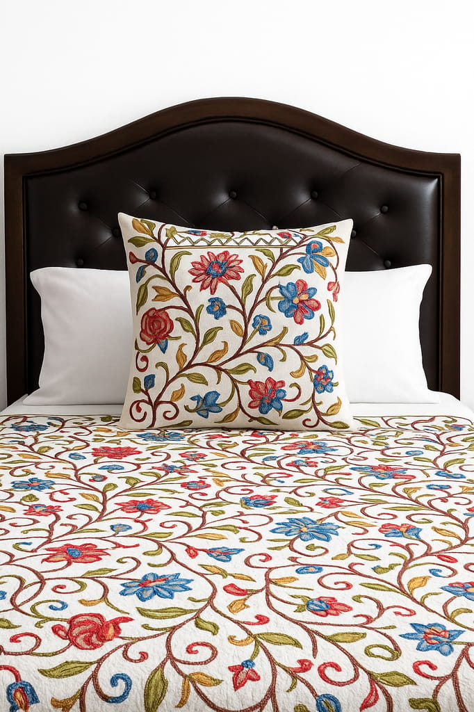 Beige Floral Embroidered Bedspread Set view 2