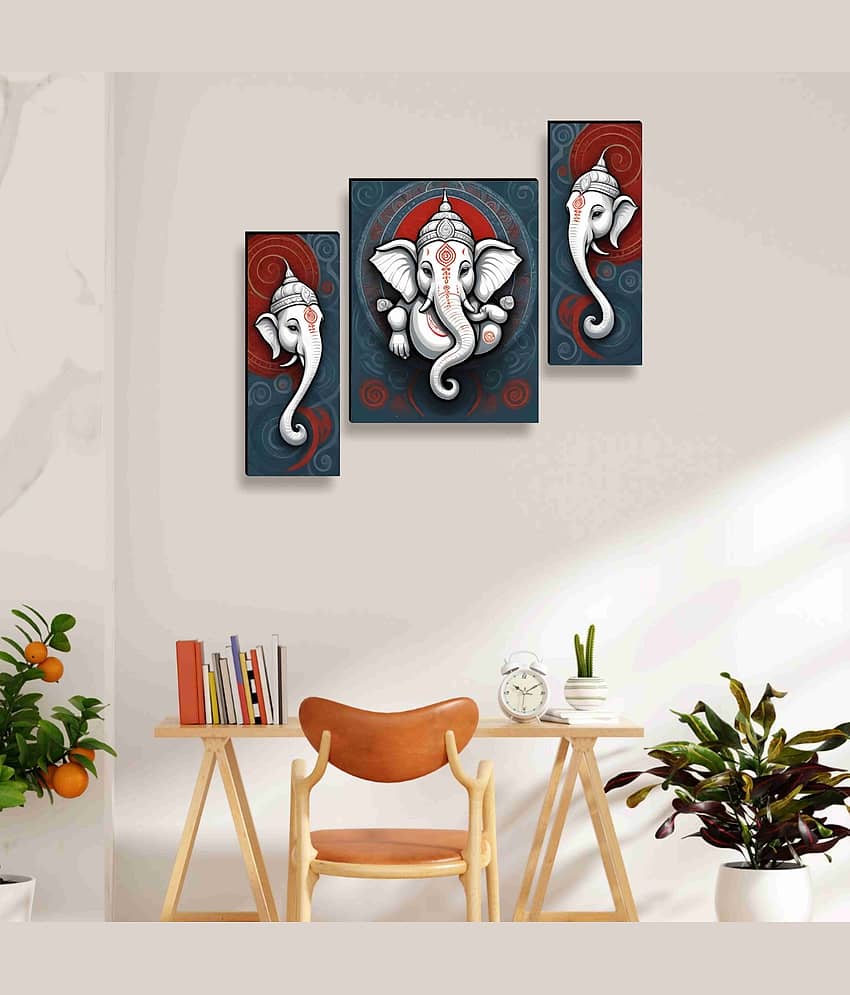 SAF Lord Ganesha 3 Panel Wall Art – Divine Ganesh God Painting with Modern Red-Blue Swirl Background for Home Temple & Living Room Décor 12 Inch x 20 Inch view 2